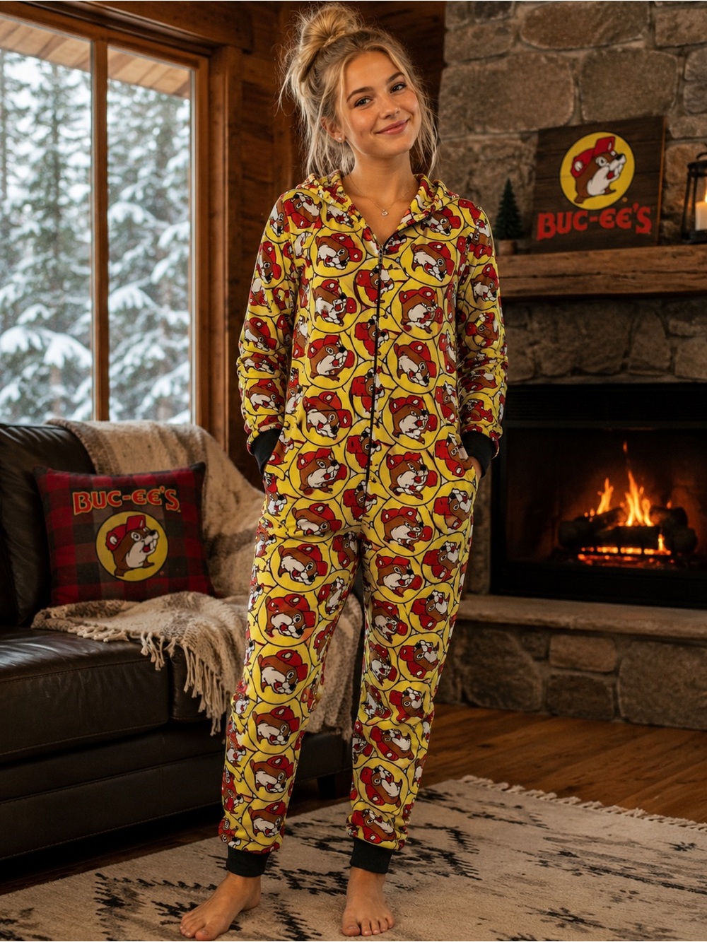 M - BUC-EE’S - Yellow Kids' One-Piece Hooded Pajamas Beavers Buc-ee’s